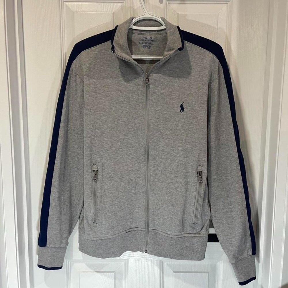 Polo Ralph Lauren grey zip up sweater with navy blue stripes Mens Small